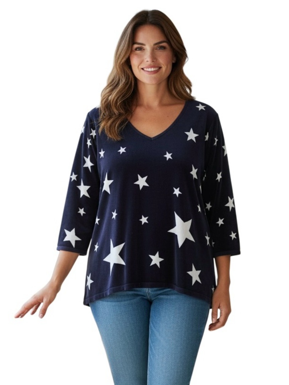 VTG Talbots Women Stars Cotton Sweater Sz 2X Navy White V Neck 3/4 Sleeve Summer